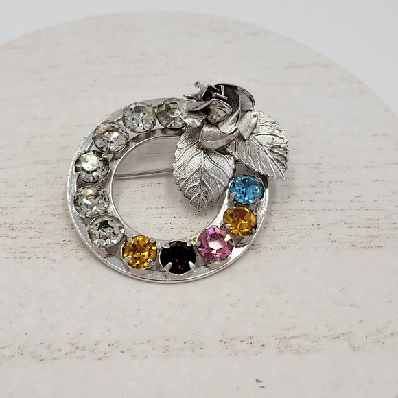 Van Dell Jewelry - Sterling Silver Multi Color Rhinestone Wreath Brooch Pin Set Mother's Day Gift